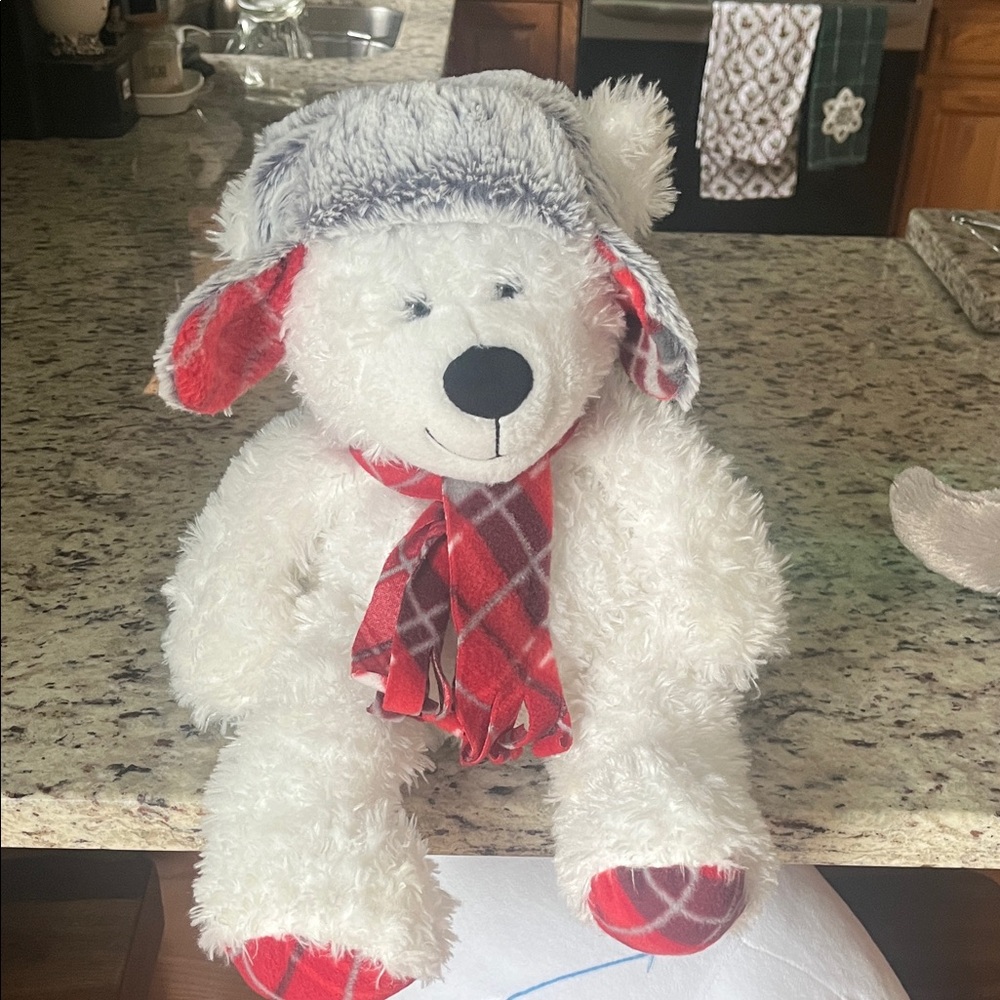 Fluffy White Teddy Bear with Red Plaid Accents